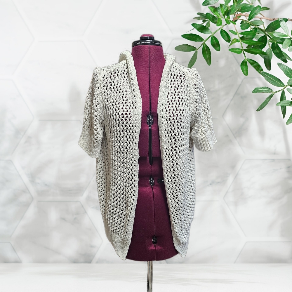 Nicole Miller Artelier Hooded Cardigan Knit Crochet Sweater